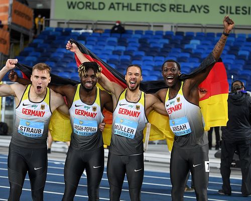 Startläufer Steven Müller führt DLV-Quartett bei den „World Athletics Relays“ im polnischen Chorzow zum Sieg über 4x200 Meter.